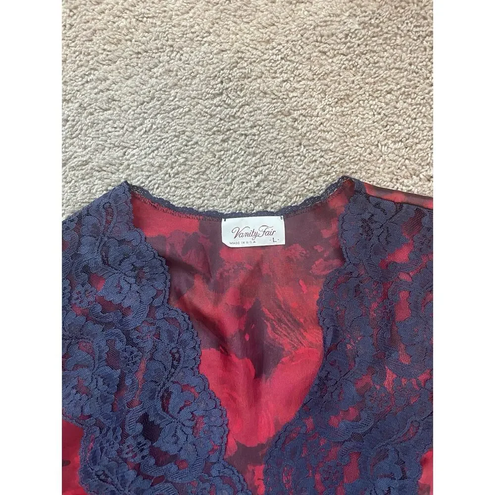 80s Vintage Vanity Fair Satin Floral Red Roses Navy Lace Trimmed Robe/Kimono LG